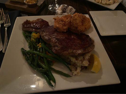 Ribeye with fried shrimp