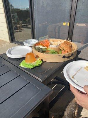 Veggie platter with hummus and vegetarian bun me sandwiches.