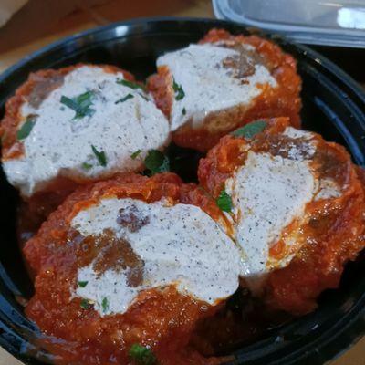 Lamb Meatballs with Goat Cheese Yogurt and Salsa Brava.