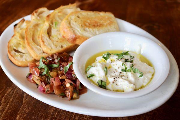 Bruschetta: Toasted Focaccia, Eggplant Caponata, Burrata, Basil, Balsamico