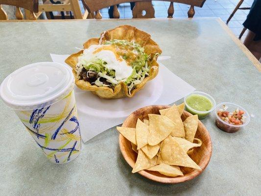 Carne Asada Taco Salad, and free chips