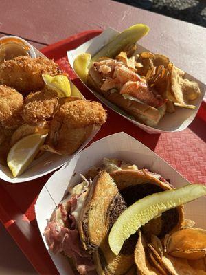 Coconut shrimp, lobster roll, Reuben sandwich