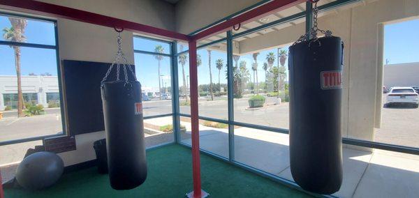 Floor to ceiling windows on two sides of the gym provide lots of natural light and palm tree views