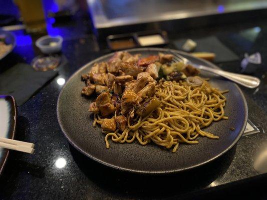 Hibachi Chicken with fried noodles. Garlic and lemon flavored with teriyaki. Yum! February 2021.