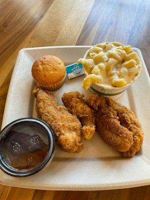 Chicken Strips w/Mac and Cornbread