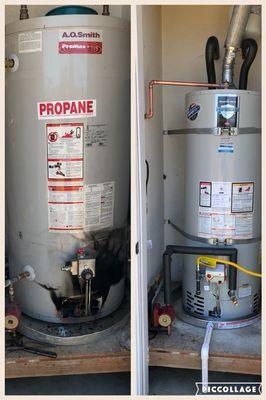 Before and After pictures of L.P. Water heater replacement with new circ pump in La-Cresta Murrieta. One of two water heaters in the home.