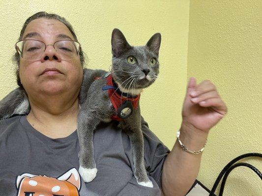 Pebbles hanging on my neck as she waited in the room to be seen.