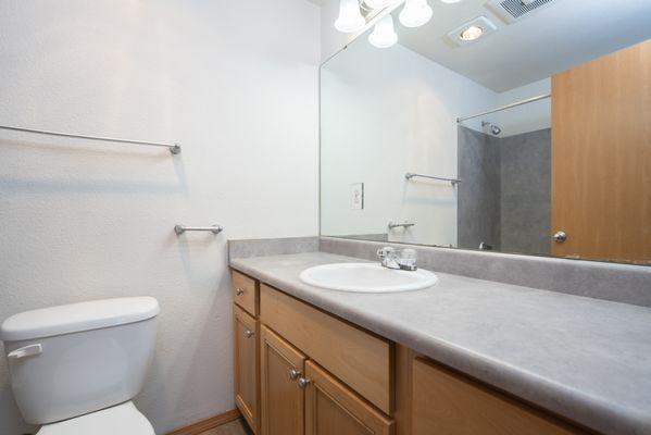 Main bathroom with ample counterspace and cabinetry for all your bathroom necessities.