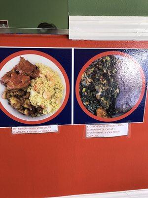 shrimp fried rice and co..authentic spinach stew with assorted meat and stock fish with yam flour.