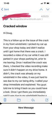 Email I sent to Doug, the shop manager.