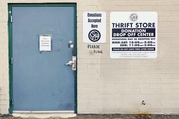 View of the donation area located in the back of the building. Just drive around and ring the bell.