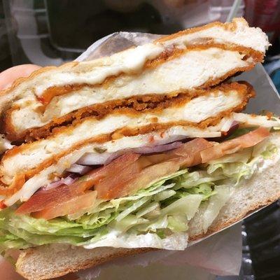 My custom spicy chicken cutlet sandwich on a roll!