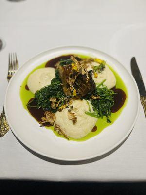 Sea bass with cauliflower mousse and collared greens; a bit on the saltier side but flavors still very good.