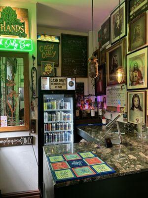 Stocked bar with bartender