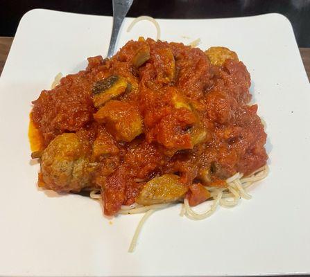 Spaghetti Special with Sausage, Mushrooms, Meatballs