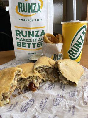 Bbq bacon runza...mushroom Swiss runza w/onion rings and delicious dipping sauce