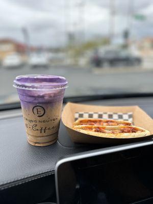 Taro coffee and breadsticks