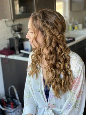 Fish tail braid and curls.