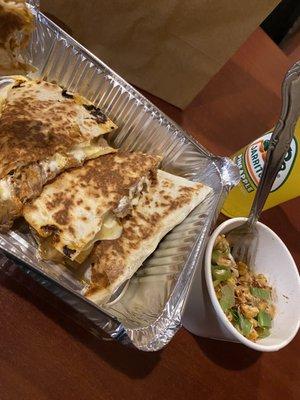 Carne Asada Quesadilla w Elote Salad and Pineapple Jarrito