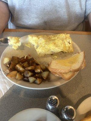 5 egg omelette with ham, provolone and tomatoes, pan fries with toast