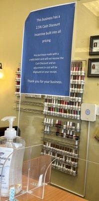 Bring cash to avoid 2.5% processing fee. Hand sanitizer on counter, and more colors behind counter.