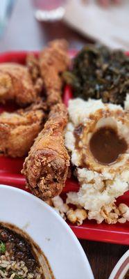 4 pc fried chicken, mash potato, collard greens