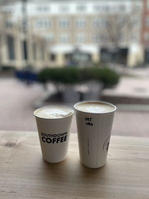 Small Vanilla latte and a Large vanilla latte with oatmilk.