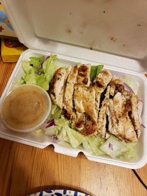 Grilled chicken salad small.  Chicken seasoned to perfection & their house italian was yum!