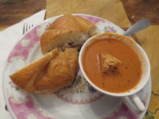 My Cranberry & Almond Chicken Croisant with a cup of tomoato-basil soup, accompanied with a refreshing glass of cucumber water