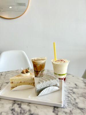 Strawberry Latte, Greet Tea Latte, Black Sesame Cake, & Japanese Sweet Potato Cake