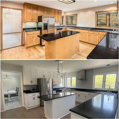 Cabinets painted, replaced gas range for electric. New backsplash, new range hood, replaced light fixtures