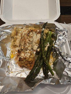 Sloppy Crab stuffed salmon with asparagus and mashed potatoes!