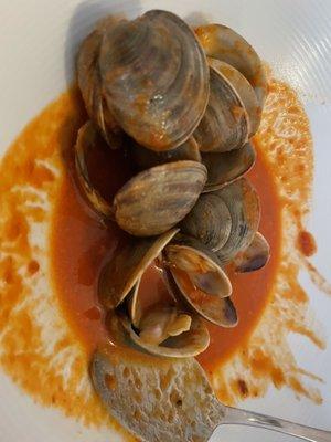 Appetizer of clams in a spicy red sauce with no beans