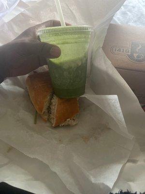 Super green smoothie with a tune sandwich ...