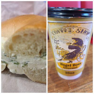 Scallion cream cheese bagel and coffee