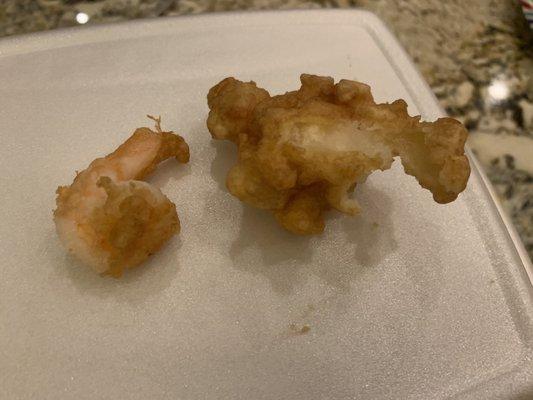 Way more batter (right) than the actual shrimp (left) on each piece.