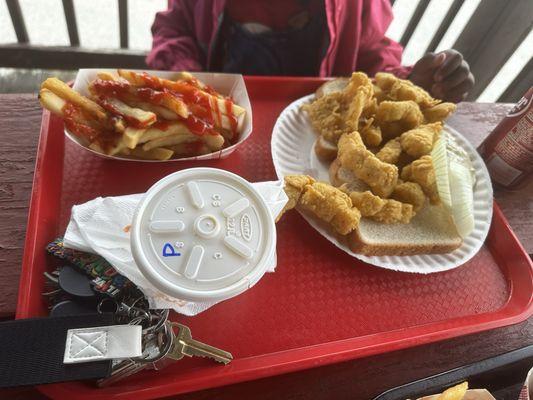 Catfish fritter, fries and potato salad