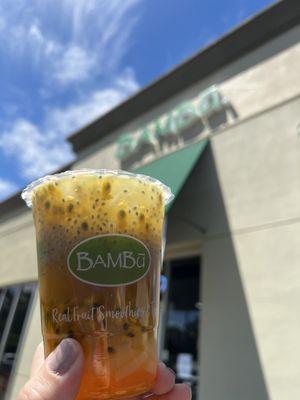 Passion fruit tea with extra basil seed and added lychee jellies