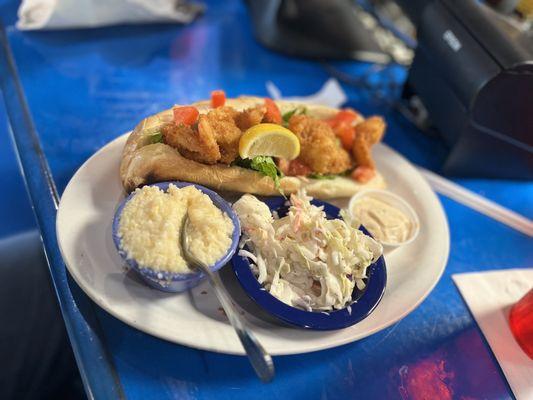 Shrimp po-boy with cheesy grits and cole slaw (perfect!)