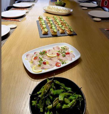 Sushi Dinner. Shishito Peppers, Sashimi & Spicy Tuna Crispy Rice