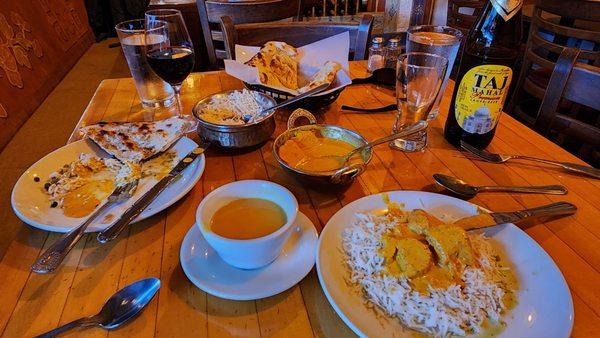 Samosa's, chicken tikka masala, basmati rice and garlic nan, oh, and a glass of Syrah and a Taj, of course!.