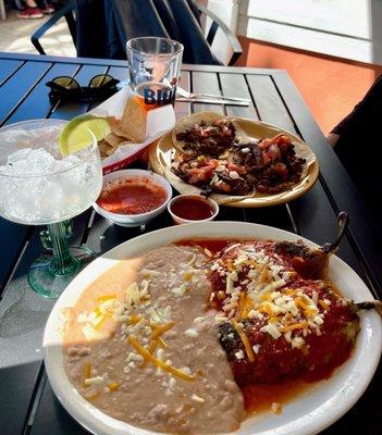 Tacos Campechanos and a Chiles Rellenos plate with refritos.