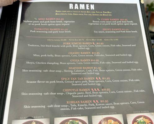 Ramen menu (2 udon options on bottom are not pictured)