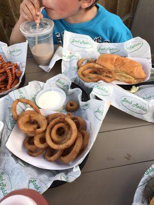 Onion rings, sweet potato fries and hot dog.