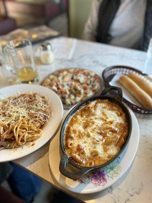 Shrimp Fra Diavolo, Baked Mostacciolo, Garlic Herb Chicken pizza, breadsticks