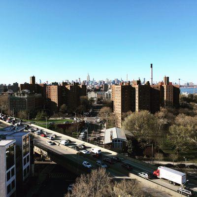 View from rooftop facing west towards Manhattan. If you look carefully you can see many iconic buildings!