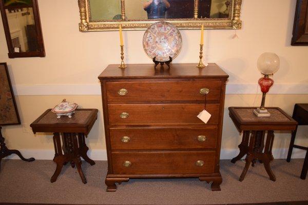 Pair of inset marble top tables and a walnut chest from Virginia.