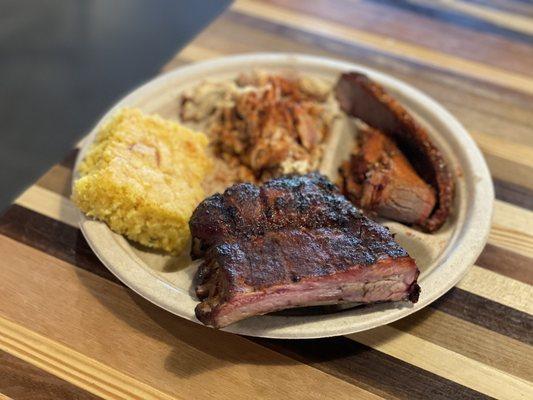 Platter - 1/4 ribs, pulled chicken, brisket, corn bread