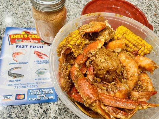 Boiled shrimp, Sweet snow crap, potatoes & Cornwith Anna's kick Butt seasoning!