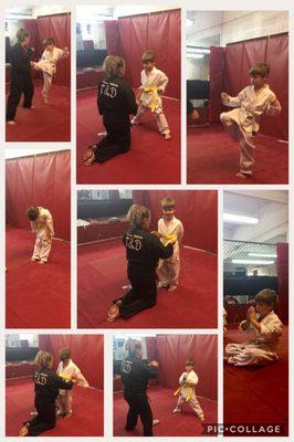 My son testing with Sensei Carol for his yellow belt!!